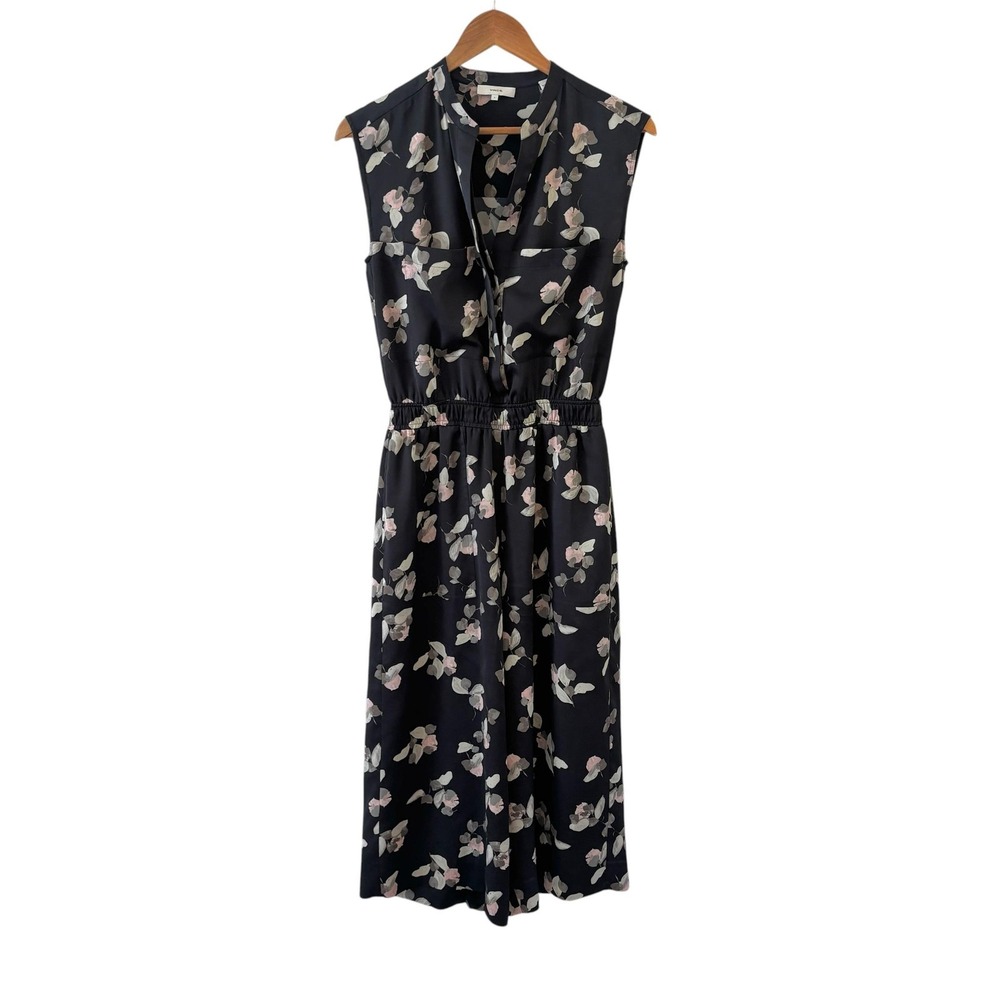 Vince Floral Crepe Jumpsuit Womens S Black Sleeveless Pockets Travel Career